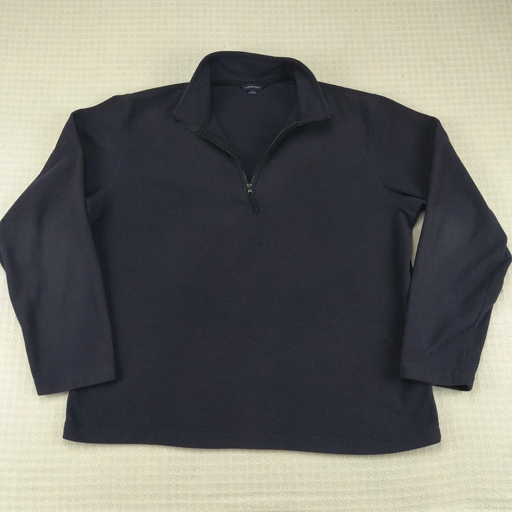 Lands End Men's L Large Navy Blue ThermaCheck Nano-Tex Fleece‎ 1/4 Zip Pullover